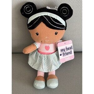 Kids Preferred Baby Plush Cloth Doll Black Hair Pink Stripes Green Dress 10” New